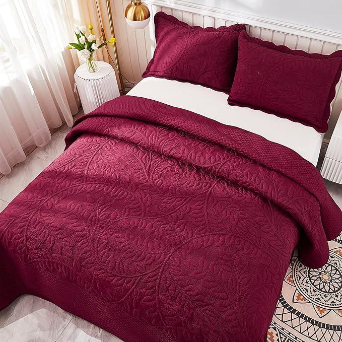 MarCielo 3-Piece 100% Cotton Oversized Bedspread Lightweight Quilt Coverlet Embroidery Farmhouse Bedding Set T0 (Wine Burgundy, Oversized King (118