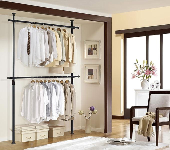 PRINCE HANGER Heavy Duty One Touch System Load 352LBS Clothing Racks for Hanging Clothes Metal Wardrobe Closet System Garment Tension Rod Free Standing Black Width Adjustable PHUS-0022