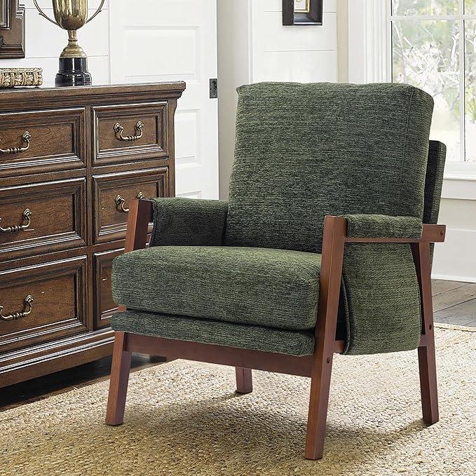 Modern Accent Chair for Living Room Mid Century Arm Chair Upholstered Bedroom Chair Comfy Lounge Chair with Solid Wood Frame, Green