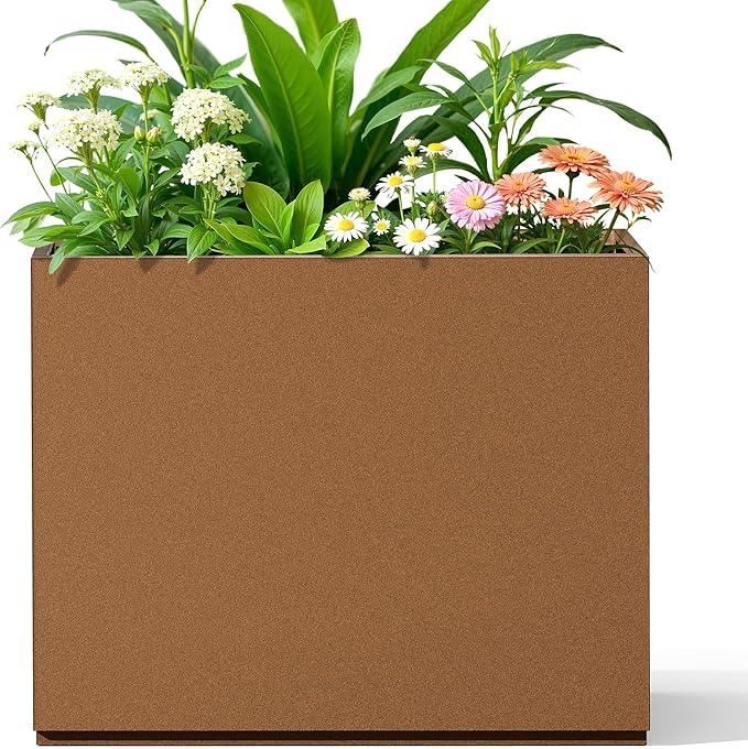 FENCY Metal Planter Box, Large Rectangular Planters for Outdoor Plants, Outdoor Tall Planters with Drainage Holes, Brown Metal Planters (30
