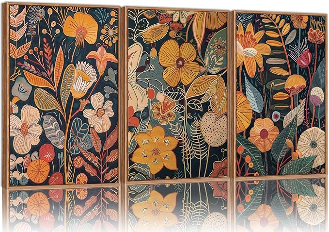 SIGNINART Boho Botanical Framed Canvas Wall Art Set of 3, Mid Century Modern Wall Decor, Burnt Orange Floral Artwork, Neutral Flower Plant Art Prints for Bedroom Living Room Office 24