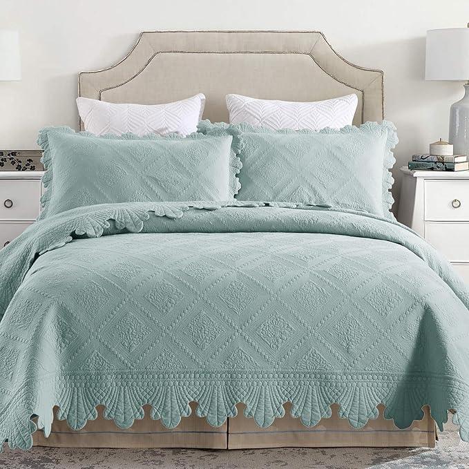 MarCielo 3-Piece 100% Cotton Oversized Bedspread Lightweight Quilt Coverlet Embroidery Farmhouse Bedding Set (Tk Aqua Green, Oversized King (118
