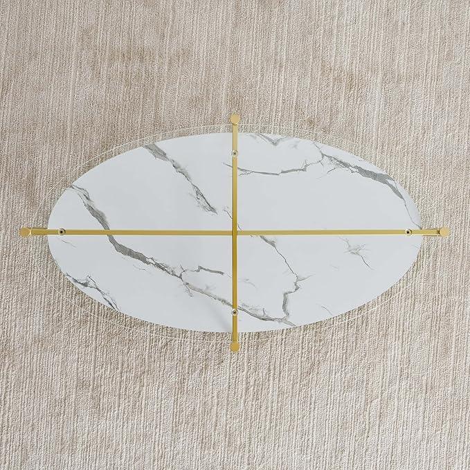 Oval Glass Coffee Table, Mid-Century Modern Design, L43 x W22 x H17 inch, Surfboard Shaped Clear Glass Top and White Marble Finish Wood Shelf, Tapered Legs with Gold Finish Frame