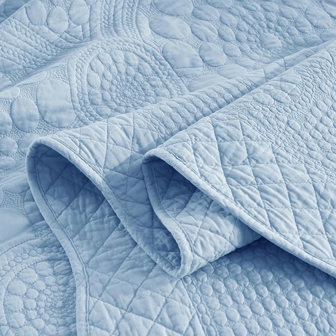 MarCielo 3-Piece 100% Cotton Oversized Bedspread Lightweight Quilt Coverlet Embroidery Farmhouse Bedding Set (Tf Light Blue, Oversized Queen (100