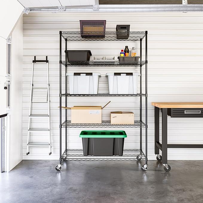 Seville Classics UltraDurable Heavy Duty NSF Solid Steel Wire Rack Storage Unit, Organizer for Garage, Warehouse, Office, Restaurant, Classroom, Kitchen, Black, 5-Tier Shelving, 48