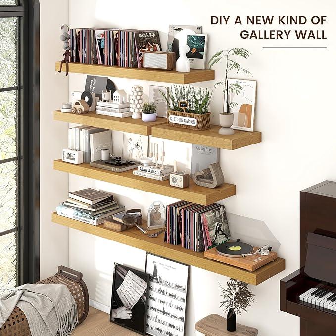 Floating Shelves for Wall, Large Wall Mounted Shelves with Invisible Brackets, Long Wood Floating Shelf for Living Room, Bedroom, Kitchen, Bathroom (Oak, 55