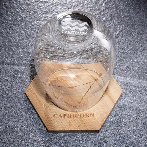 Set of 2 Zodiac Sign Wine Glasses with 2 Wooden Coasters by The Wine Savant - Astrology Drinking Glass Set with Etched Constellation Tumblers for Juice, Water Home Bar Horoscope Gifts 18oz (Capricorn)
