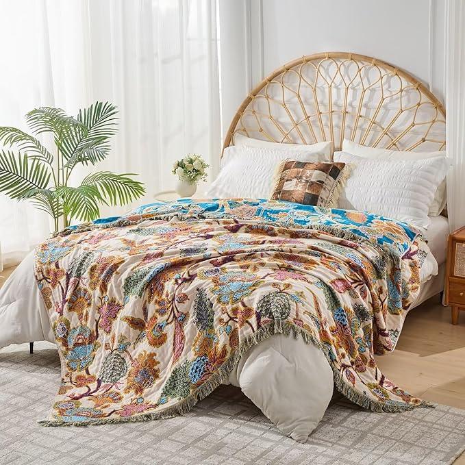 100% Muslin Throw Blanket for Couch, Butterfly and Floral Double Embroidery Fall Throw Blanket 60