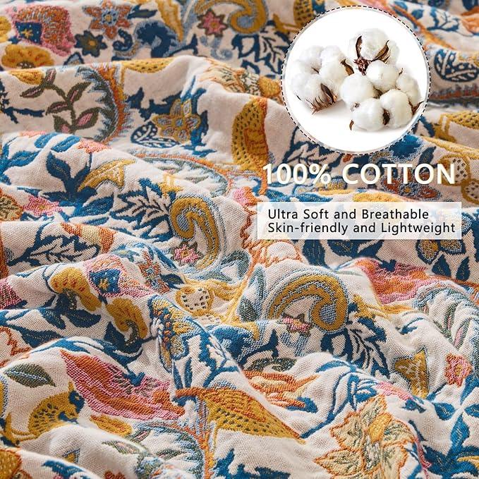 Boho Throw Blanket for Bed Couch 100% Cotton Woven Bed Throws for Summer, Lightweight and Soft Cozy Farmhouse Reversible Muslin Decorative Blanket for Travel Picnic, Teal/Cream, 80