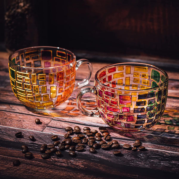 The Wine Savant Renaissance Stained Glass Windows Mugs, Artisanal Hand Painted Set of 2 - Gift Idea for Her, Him, Birthday, Mom, Housewarming - Art Deco Coffee and Tea Set 3.5
