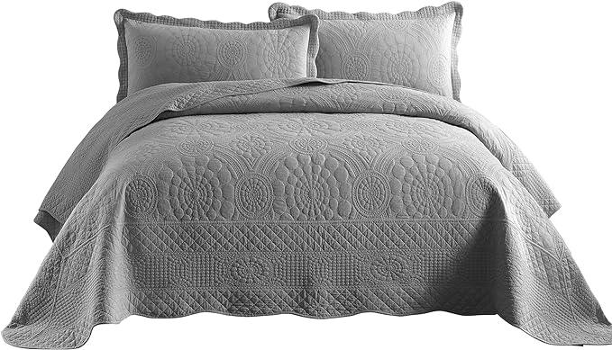 MarCielo 3-Piece 100% Cotton Oversized Bedspread Lightweight Quilt Coverlet Embroidery Farmhouse Bedding Set (Tf Light Grey, Oversized Queen (100