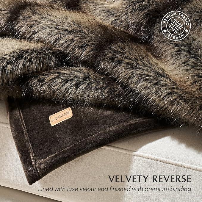 Luxury Faux Fur Throw Blanket, Soft Fluffy Faux Mink Blankets for Bed, Couch, Sofa, Thick Cozy Plush Warm Fur Throws with Reversible Velvet, Ombré Sable Brown, 50