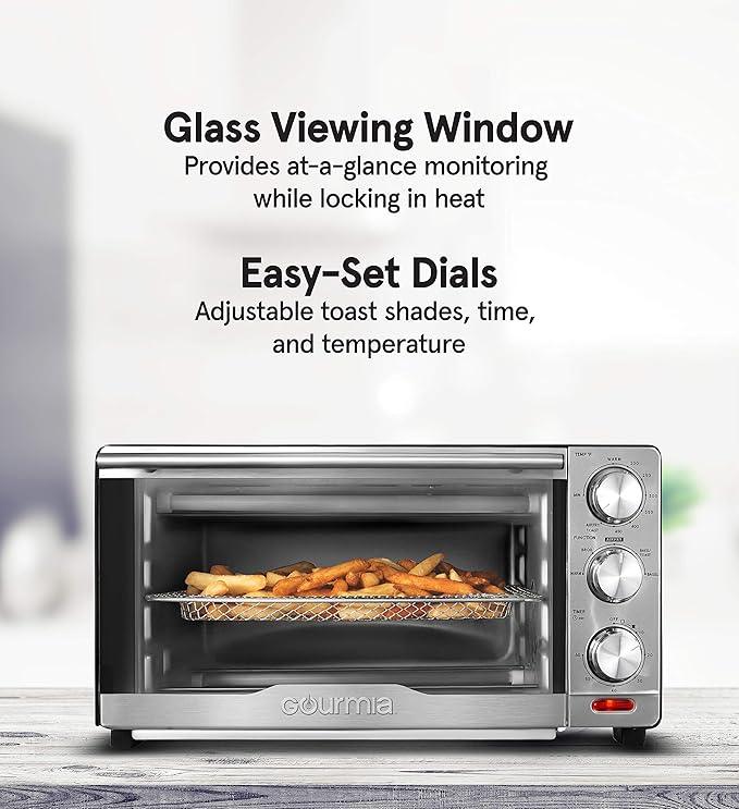 Gourmia GTF7350 6-in-1 Multi-function, Stainless Steel Air Fryer Oven - 6 Cooking Functions - Fry Basket, Oven Rack, Baking Pan & Crumb Tray, Included + Recipe Book