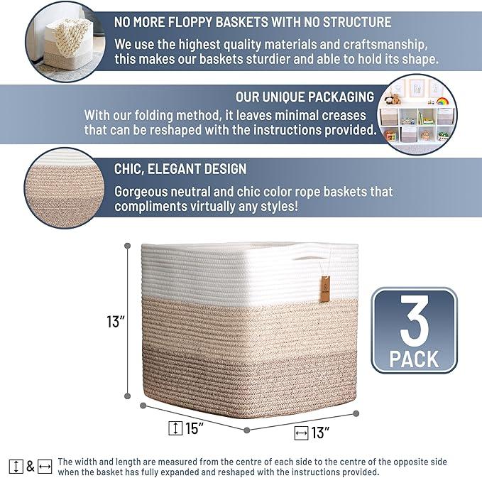 NaturalCozy 13x15x13 Kallax Storage Cubes Bins, 3 Pack | Cotton Rope Cube Storage Bin Woven Baskets for Organizing | Kallax Insert Storage Baskets for Shelves Organizer, Kids Toy, Closet Baby Nursery