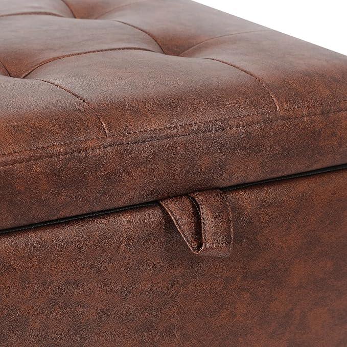 Adeco Faux Leather Storage Ottoman Bench with Wood Legs, 17.7