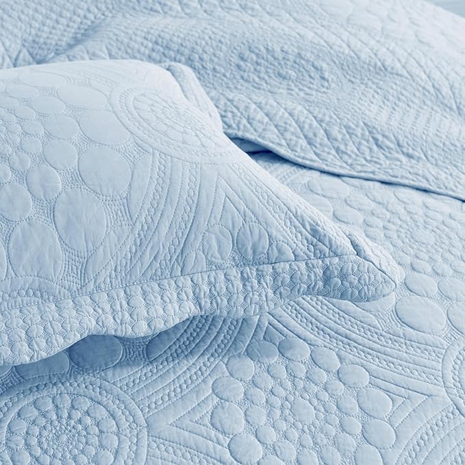 MarCielo 3-Piece 100% Cotton Oversized Bedspread Lightweight Quilt Coverlet Embroidery Farmhouse Bedding Set (Tf Light Blue, Oversized King (118
