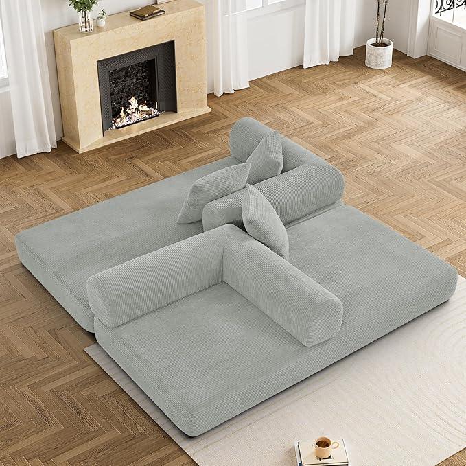 Convertible Sleeper Sofa Bed with Pillow, 4-in-1 Corduroy Folding Mattress Couch with Fixed-Shape Frame, Futon Fold Out Floor Sofa Cama Lounge Couch for Living Room Bedroom, Light Grey