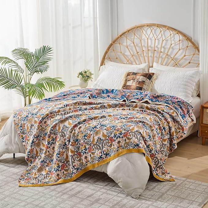 Boho Throw Blanket Reversible Cotton Bohemian Tapestry,100% Cotton Throw Blanket for Couch,Sofa,Chair,Lightweight Summer Quilt Soft 4-Layer Muslin Blanket for Farmhouse,Picnic Decor 50