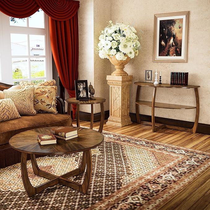 PADMA HOUSE Round Wood End Table with Curved Legs, Drum Circle Side Table with Snowflake Tabletop, Rounded Wooden Sofa Side Table, Brown Walnut Wood Tabletop & Legs 23.6