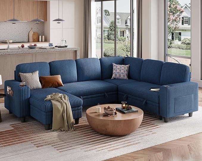 LINSY HOME Sectional Sleeper Sofa with Pull Out Couch Bed - Convertible Plush Corduroy Cloud Couch with Storage Chaise & USB Charging, Comfy Modular Couches for Living Room, Blue