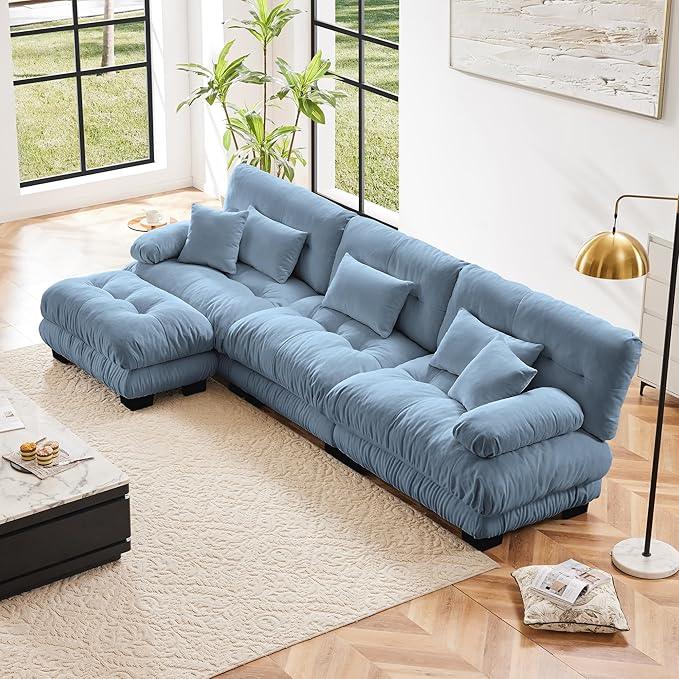 Modular Sectional Sofa, Comfy Cloud Couch 3 Seater Couch with Ottoman, Sectional Couches for Living Room, Modern Chenille L Shaped Couches, Sleeper Deep Seat Sofa with Throw Pillows, Blue