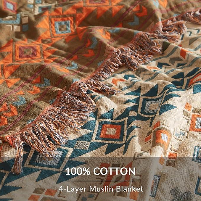 Boho Throw Blanket for Couch Sofa Bed, 100% Cotton Woven Quilt with Tassel 80”x90”, Super Soft Muslin Blanket with Patchwork Printed, Decorative Reversible Bed Blanket/Cover for All Seasons