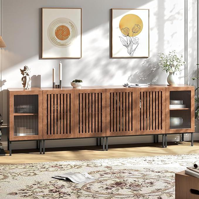 Farmhouse TV Stand for TVs up to 100 Inch, Entertainment Center TV Console with Storage Cabinets and Glass Doors,Media Console for Living Room,Brown