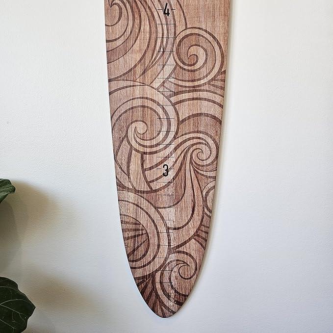 Wooden Surfboard Wall Decor Growth Chart - Surfboard Art Decor for Kids Room, Wood Surfboard Kids Sizing Chart, Surf Boards Art, Height Board Surfer Decor - Brown Wave (9.5
