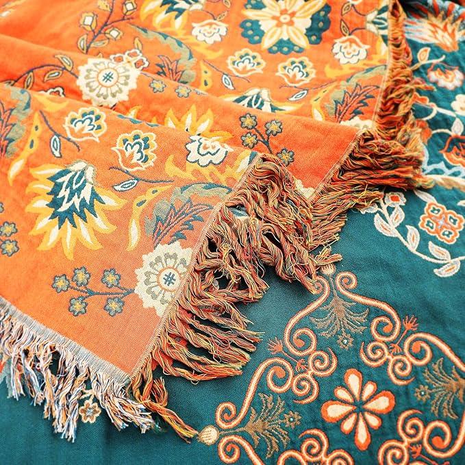 Boho Large Throw Blanket, 100% Organic Cotton Breathable Soft Bed Throw - Floral Farmhouse Decor Blanket for Sofa Couch Chair and Gift. 91