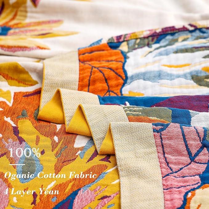 Boho Large Throw Blanket, 100% Organic Cotton Breathable Soft Bed King Throw - Fall Floral Bird Butterfly Farmhouse Decor Blanket for Sofa Couch Chair and Gift. 91