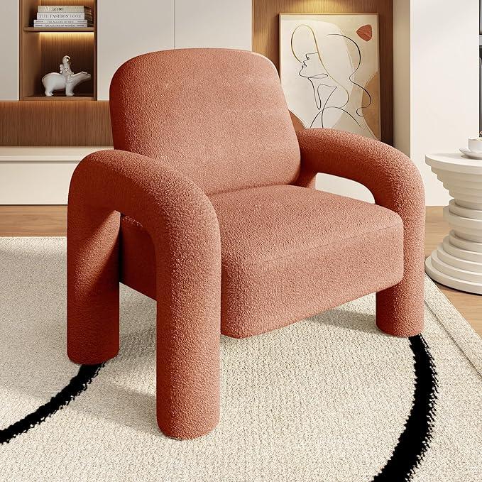 Modern Sherpa Accent Chair, Teddy Upholstered Arm Single Sofa, Cozy Fluffy Reading Chair for Living Room, Bedrooms, Corner (Orange)