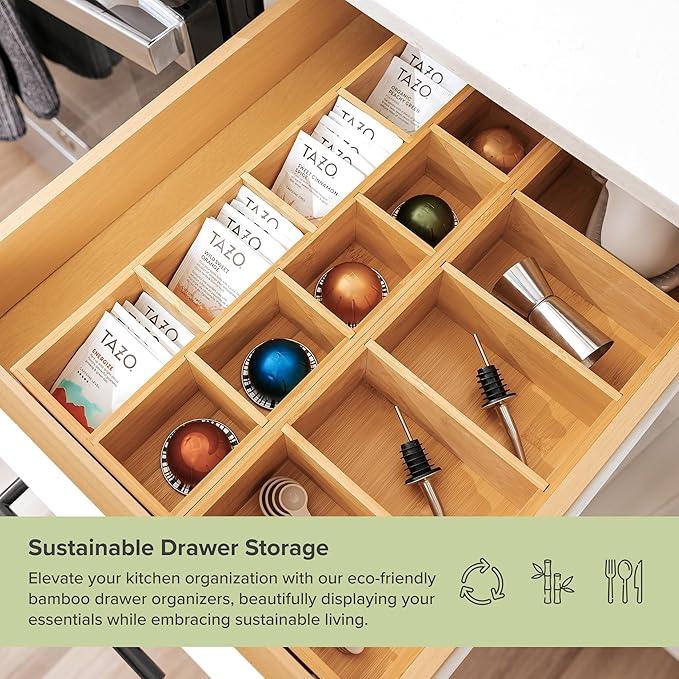 Premium Utensils and Tea Bag Drawer Organizers – 14-Compartment Design with Removable Dividers, Non-Slip Feet, 100% Sustainable Bamboo, 2 Pack
