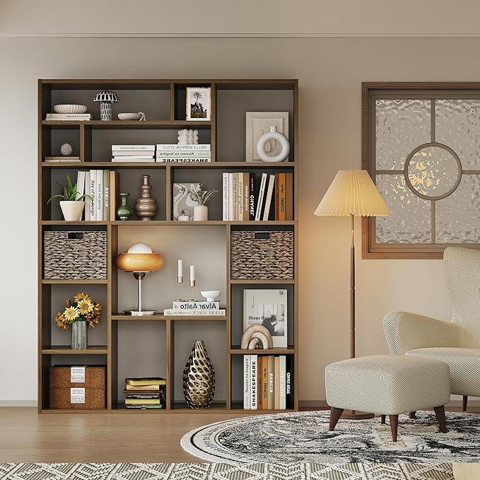 71” Tall Wooden Bookcase 6-Tier Large Bookshelves with 2 Woven Baskets, 55
