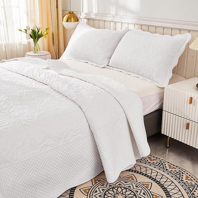 MarCielo 3-Piece 100% Cotton Oversized Bedspread Lightweight Quilt Coverlet Embroidery Farmhouse Bedding Set T0 (Bright White, Oversized Queen (100