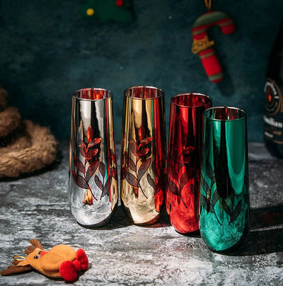 Multicolor 4-Piece Tree Stemless Wine & Water Glasses - Shining Red Green Yellow Silver, Perfect for Parties, Glass Trees Decor, Kitchen Home Decorations (Flutes)