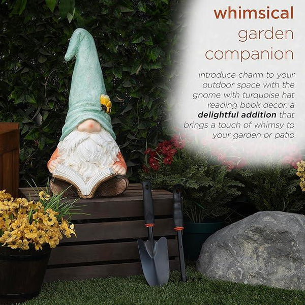 Alpine Corporation MCC844 Indoor/Outdoor Gnome Reading a Book Garden Statue, Charming Gnome Statue with Hat, 20