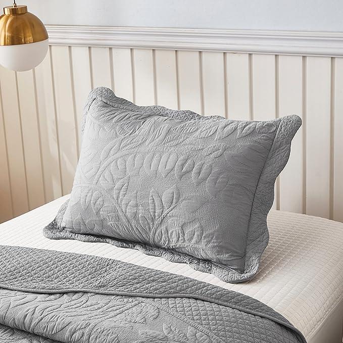 MarCielo 3-Piece 100% Cotton Oversized Bedspread Lightweight Quilt Coverlet Embroidery Farmhouse Bedding Set T0 (Light Grey, Twin (68