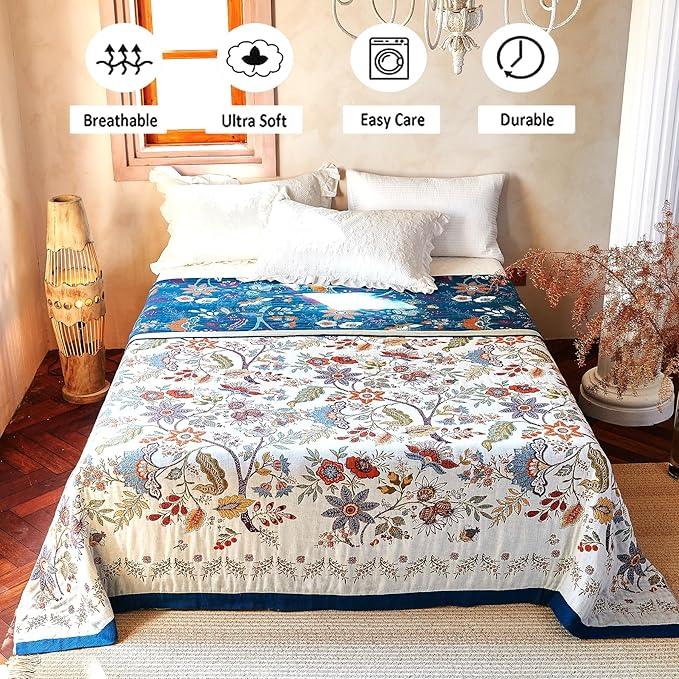 Boho Throw Blanket, 100% Organic Cotton Breathable Ultra Soft Bed Quilt Throw - All Season Floral Bird Butterfly Farmhouse Decor Blanket for Sofa Couch Chair and Gift. 60