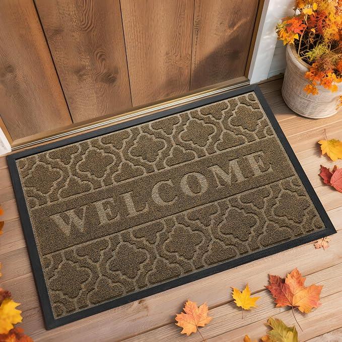 Yimobra Fall Welcome Mat Outdoor Indoor 29.5x17, All-Weather Waterproof Outdoor Mats for Front Door, Non-Slip Low Profile Porch Patio Doormat, Coffee