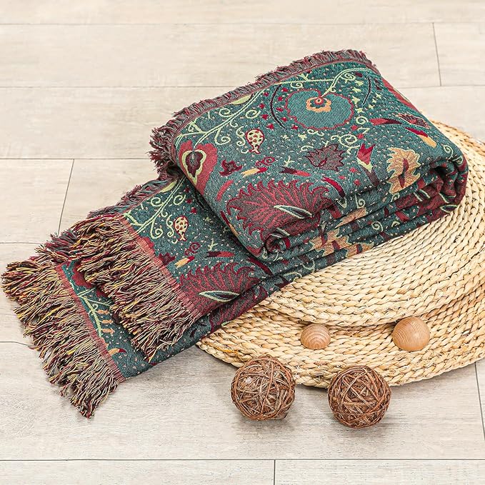 Boho Throw Blanket for Bed,100% Ultra Cotton Soft Breathable Bed Throw Floral Printed Farmhouse Decor Rustic Bed Throws for Couch Sofa Quilt 60