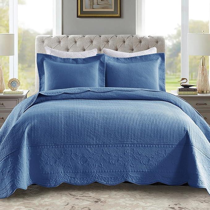 MarCielo 3-Piece 100% Cotton Oversized Bedspread Lightweight Quilt Coverlet Embroidery Farmhouse Bedding Set (TG Midtone Blue, Oversized King (118