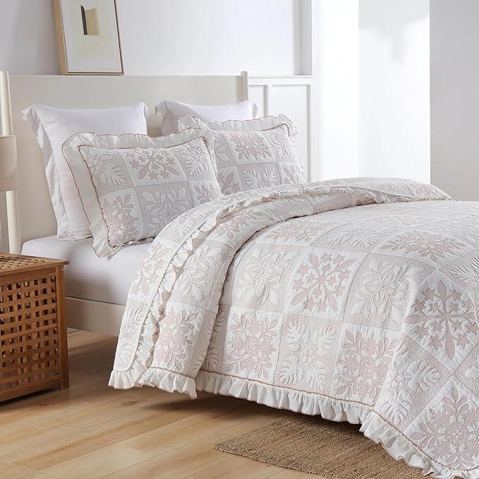 MarCielo 3-Piece 100% Cotton Bedspread Lightweight Quilt Coverlet Embroidery Farmhouse Bedding Set (TJ Colorful,Queen (98