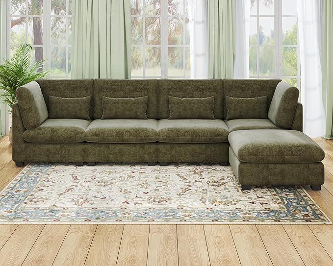 Oversized Modular Sofa, Extra Deep Cloud Chenille Sectional Couch with Ottoman Chaise, Fluffy Chenille 5 Seater Sofa Bed for Living Room, Villa (L Shape 5 Seater, Chenille Green)