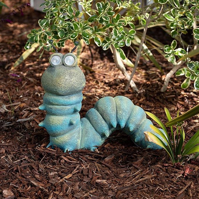 Alpine Corporation FCC121SLR Outdoor Solar Powered Garden Caterpillar Statue with LED Lights, LED Solar Garden Décor, 16