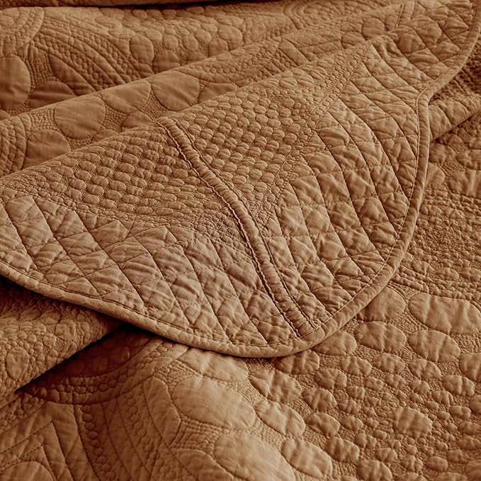 MarCielo 3-Piece 100% Cotton Oversized Bedspread Lightweight Quilt Coverlet Embroidery Farmhouse Bedding Set (Tf Dusty Orange, Oversized Queen (100