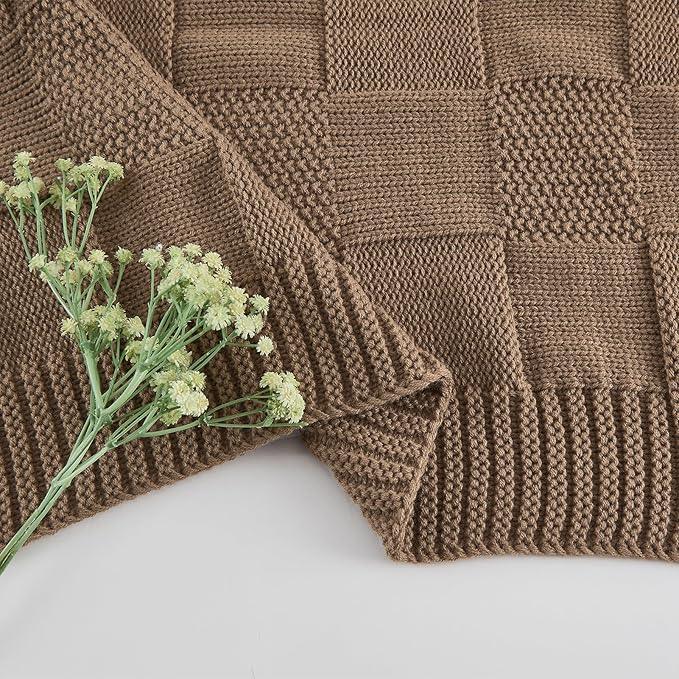 CozeCube Check Knit Throw Blanket, Light Brown Checkered Throw for Couch, Decorative Christmas Soft Cozy Warm Knitted Blanket for Bed Sofa Living Room, 60