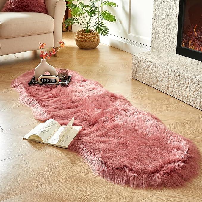 AMTOVO Faux Sheepskin Rug, Blush Pink Ultra Soft Fluffy Shag Area Rug, 2 x 6 ft Faux Fur Rug for Bedroom Sofa Throw Cushion Room Decor, Sheepskin