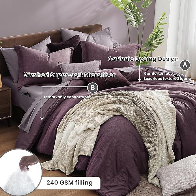 Monbix Full Size Comforter Set, Italian Plum Bedding Comforter for Full Size Bed Set Reversible, Bedding Sets Full 7 Pieces, Cationic Dyeing Bed in a Bag with Comforter, Sheets, Pillowcases & Shams