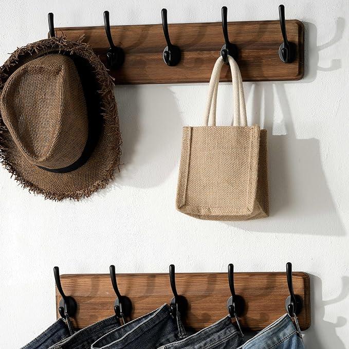 SKOLOO Rustic Wall Mounted Coat Rack with 16 Inch Mounting Hole Distance, Pine Solid Wood Coat Hook Hanger - 5 Hooks for Hanging Clothes Robes Towels Coats