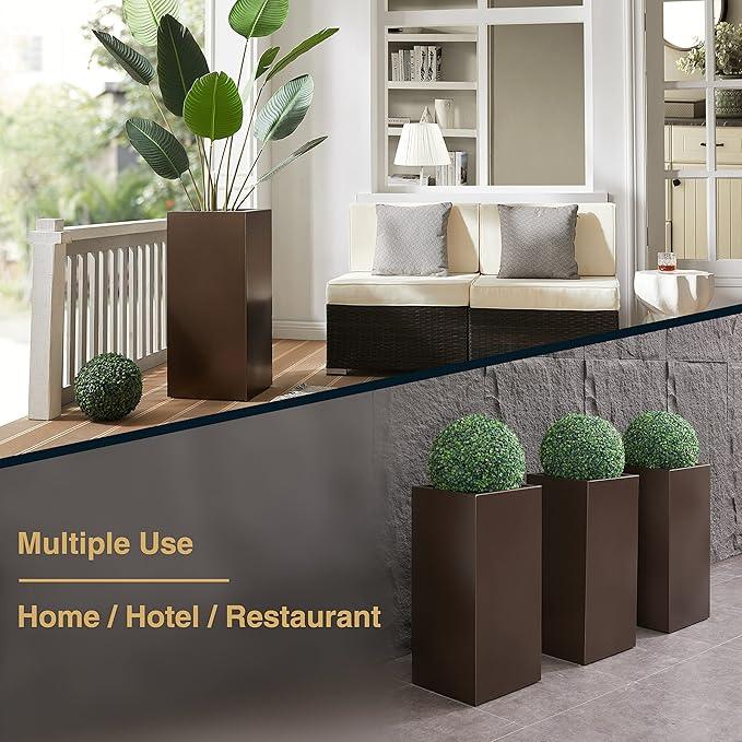 Large Planter for Outdoor Plant 14Lx14Wx30H Inches Metallic Heavy Tall Planter Box for Outdoor & Indoor, Rectangular Flowerpot 25Lbs/PC, Espresso, No Assembly and Seamless, Set of 2